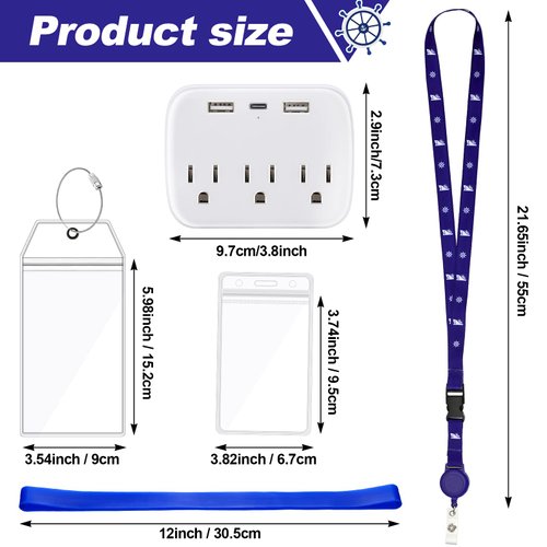Carnival Cruise Essentials Cruise Accessories Must Haves Include 8 Pcs Waterproof Luggage Tags Holder 4 Pcs Cruise Lanyards for Ship Cards 4 Pack Towel Bands and Power Strip (Classic Sailing)