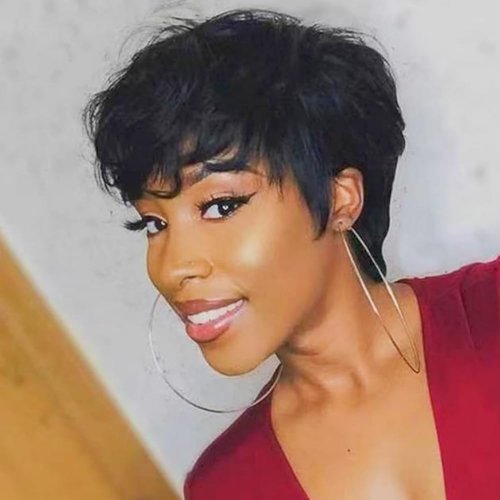 HOTKIS Short Human Hair Wigs for Black Women Pixie Cut Wig Human Hair Short Wigs Human Hair Short Black Wig Natural Hair Short Wavy Wig Layered Cut Short Glueless Pixie Wig with Bangs Short Wig