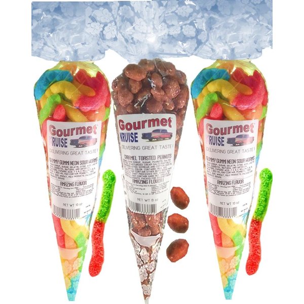Gummy Worms (2) Neon Sour Worms (1) Caramel Toasted Peanuts (NET WT 28 OZ) Gourmet Kruise Signature Gift Bags