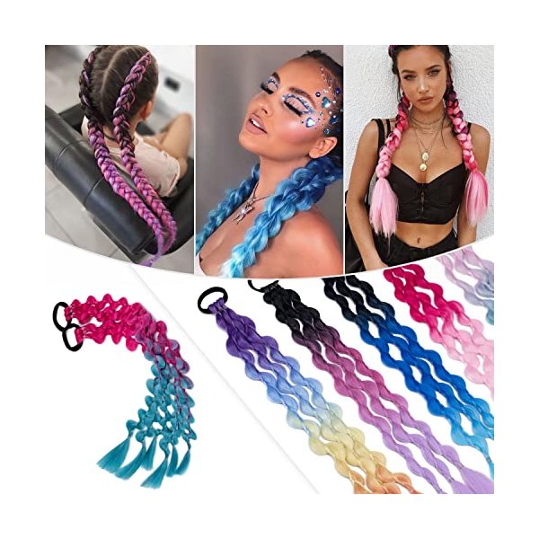 Hairro Colored Braids Hair Extensions with Rubber Bands Rainbow Braided Synthetic Hairpieces Ponytail Hair Accessories for Women Kids Girls Party Highlights 24 Inch 2pcs/Pack