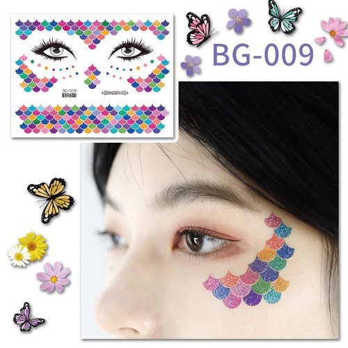 12 Pcs New Colored Waterproof Tattoo Stickers, Cute Glitter Powder Stage Party Personalized Makeup Tattoo Stickers, Face Stickers, Eye Stickers, Clover Love, Butterfly, Mermaid, Strawberry,Small Flower, Feathers Make Up Stickers