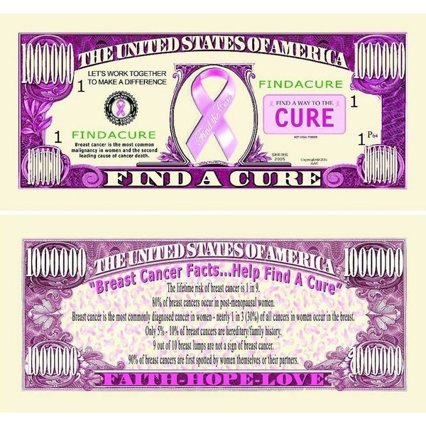 100 “Find A Cure” Million Dollar Bills with Bonus “Thanks a Million” Gift Card Set