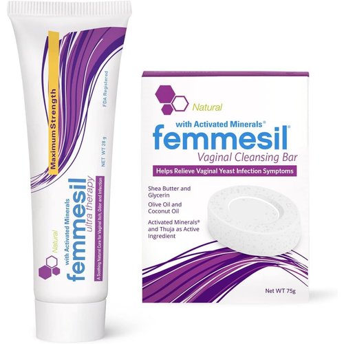 Femmesil Cream, Vaginal Yeast Infection Treatment for Women + Vaginal Soap Bar 2-Product Kit, Natural Antifungal Cream to Relieve Feminine Itch & Irritation (1oz Tube & 75g Soap)