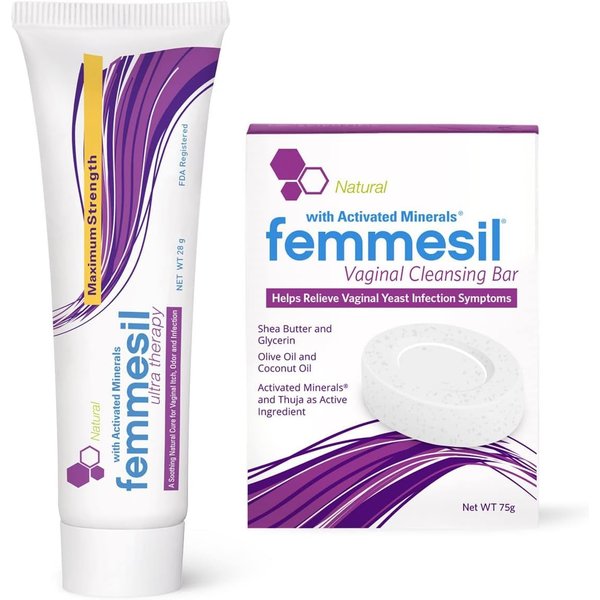 Femmesil Cream, Vaginal Yeast Infection Treatment for Women + Vaginal Soap Bar 2-Product Kit, Natural Antifungal Cream to Relieve Feminine Itch & Irritation (1oz Tube & 75g Soap)
