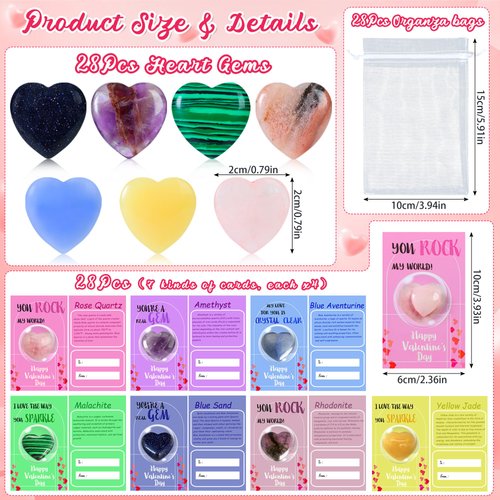 28 Pack Valentines Bags for kids Class, Valentines Day Gifts Bulk Valentines Cards Goodie Bags with Heart Stones and Stone Science, Natural Crystal Stones Rocks Exchange Party Favors for School Class