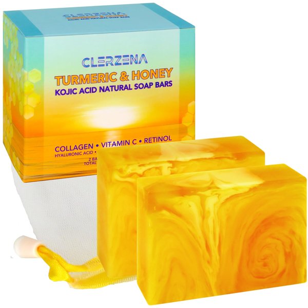 CLERZENA Honey Kojic Acid and Turmeric Soap Bars for Dark Spots | Vitamin C & E, Retinol, Collagen, Honey Oil | Spot Treatment for Face Bath Soap Bars | All Natural Soap Bar Face Soap for Women & Men