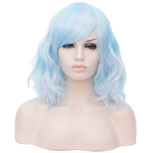 BUFASHION 14" Women Short Wavy Curly Wig Mixed Blue Bob Wig Cosplay Halloween Synthetic Wigs with Side Bang wig(Mixed Blue)