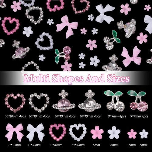 Silver Nail Charms and Gems, Assorted Bowknot Blossom Flowers Hollow Cute Nail Art Charms, Alloy Cherry Planet Heart Nail Gems Rhinestones Nail Jewelry for Nail Art DIY Crafts Accessories