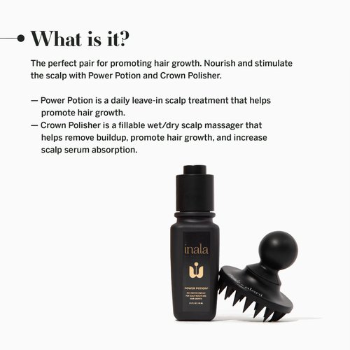 Inala Black Bag Bundle Power Potion & Crown Polisher - Rice Water Complex Serum and Fillable Scalp Massager - Serum for Scalp and Shampoo Scrub to Stimulate Hair growth - Suitable for All Hair Types