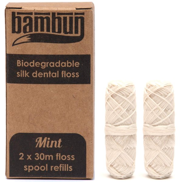 Eco-friendly Biodegradable Natural Silk Dental Floss Refills: Two 30m Floss Spool Refills (Plastic Free Packaging)