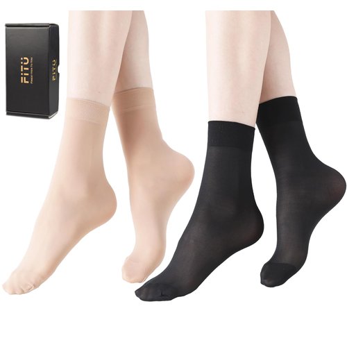 FITU Women's Sheer Socks Nylon Ankle High Tights Hosiery Socks 10 Pairs (with Gift Box) (5 Beige + 5 Black)