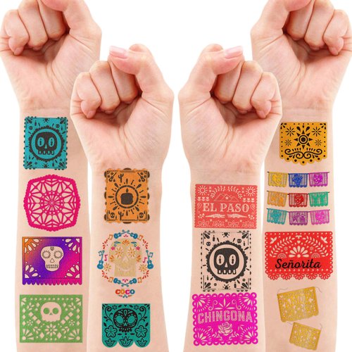 82 PCS Mexican Tattoos Temporary Theme Fiesta Birthday Party Decorations Supplies Favors Cinco De Mayo Papel Picado Tattoos Stickers for Kids Prizes Rewards
