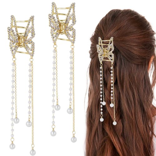 CHANZET Gold Butterfly Hair Claw Clips with Pearl Tassel Chain 2pcs, Metal Butterfly Hair Clips Clamps Rhinestone Decoration Hair Accessories for Women Girls Thick Thin Hair