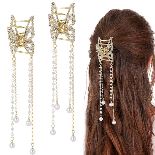 CHANZET Gold Butterfly Hair Claw Clips with Pearl Tassel Chain 2pcs, Metal Butterfly Hair Clips Clamps Rhinestone Decoration Hair Accessories for Women Girls Thick Thin Hair