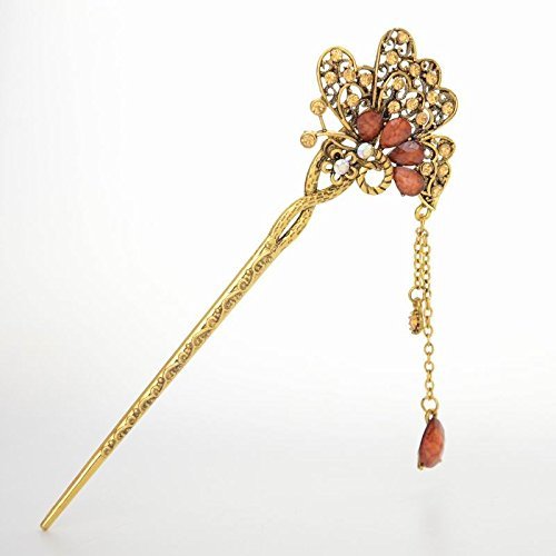 Vintage Chinese Women's Crystal Flower and Butterfly Brown and Gold Hair Stick, Bridal Hair, Wedding Hair, Bride Hair Jewelry