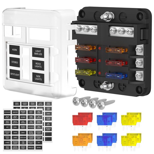 DaierTek 12V Fuse Block 6 Way with LED Indicator Light 12 Volt Fuse Box ATO/ATC Marine Fuse Panel Waterproof 24V for Automotive Boat Car Truck