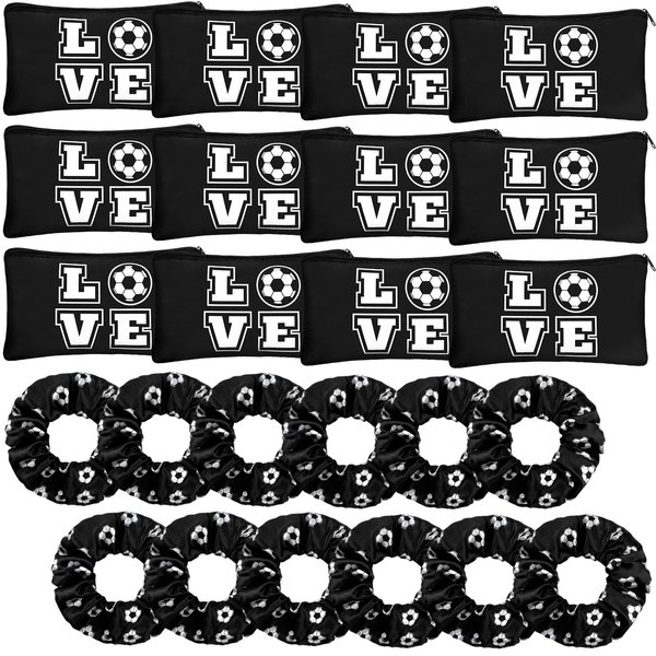 Sweetude 24 Pcs Soccer Gifts 12 Soccer Makeup Bag 12 Satin Soccer Scrunchies for Girls Portable Cosmetic Travel Soccer Bag Elastic Soccer Hair Ties Soccer Favors for Women Girls Team Players (Black)