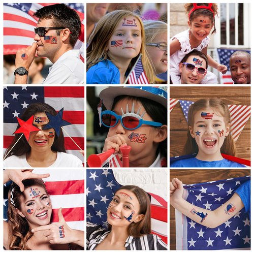 Aresvns Independence Day Temporary Tattoo 32 Sheets,USA Flag Sleeve Tattoo,Red White and Blue Party Supplies, 4th of July, Memorial Day, Labor Day Decorations Patriotic Tattoos