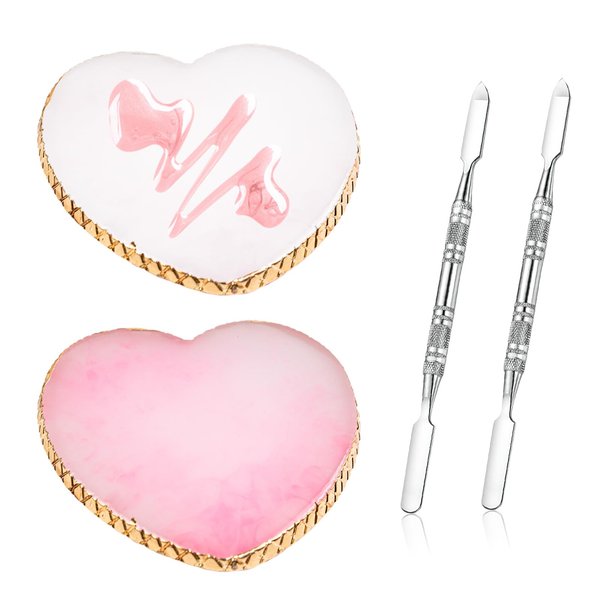 GTILE 2 Pcs Resin Nail Art Palette and 2 Pcs Nail Brush, Color Palettes Cosmetic Mixing Tools, Nail Polish Palette with Stainless Stirring Rod for Nail Salons and Beginners (White, Pink)