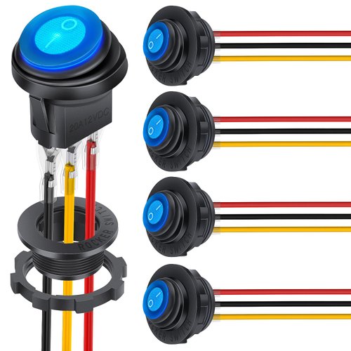 Nilight 5PCS Waterproof Round Rocker Switch w/Wiring Harness Switches Holder 12V 24V Blue LED Lighted On Off Toggle Shell SPST 3Pin for Switch Panel Car RV Trucks Marine Boats