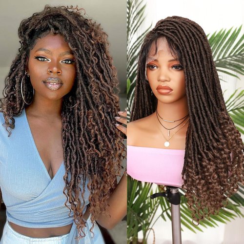 Lady Miranda Full Lace Front Dreadlock Wig Ombre Brown Faux Locs Wigs for Black Women Synthetic Dreadlock Wigs for Black Women Goddess Locs Braided Lace Front Wigs Goddess Dreads Wig