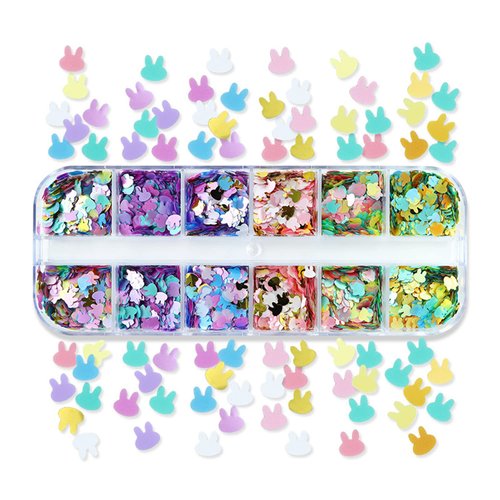Rabbit Nail Art Glitter Sequins 12 Grids Nail Sequins 3D Holographic Rabbit Nail Decals Flakes for Acrylic Nails Manicure Paillettes Ultra-thin Glitters Nail Art Supplies for Women Nail Art Decoration