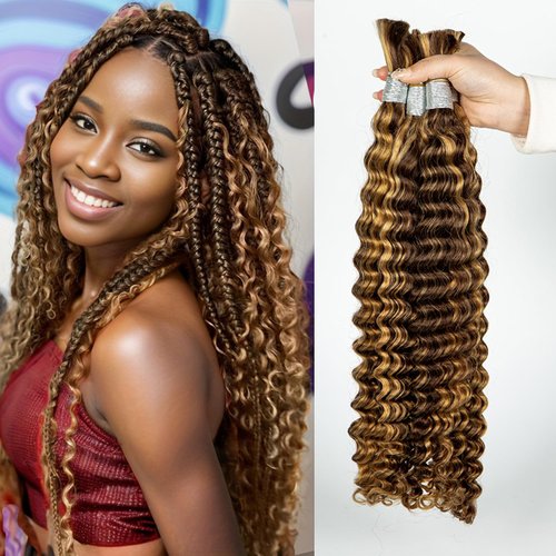 Human Braiding Hair For Boho Knotless Braids 100g Deep Wave Bulk Human Hair for Braiding No Weft Wet And Wavy Human Braiding Hair 100% Remy Human Hair Extensions (Deep Wave-4/27, 28 Inch)