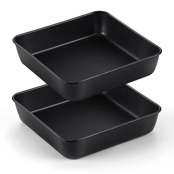 TeamFar 8 Inch Cake Pan, Square Brownie Baking Pan with Stainless Steel Core & Non Stick Coating, for Baking Roasting Storing Food, Healthy, Oven Safe & Anti-melt, Easy to Release & Clean – Set of 2