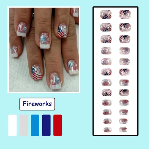 4th of July Fake Nails Independence Day American Flag Fireworks Press on Nails Short French Tips False Nails Chrome Glitter Nails Design Glue on Nails for Women Independence Day Nails Decor 24pcs