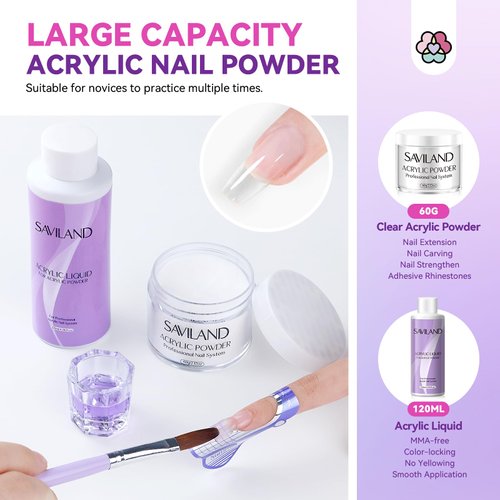 SAVILAND Acrylic Nail Kit with 100% Essential Oil - 2oz Clear Acrylic Powder and Liquid Set 120ml with Nail Practice Mat Dehydrator Primer Professional Acrylic Nail Kit Set for Beginners DIY Nail Art