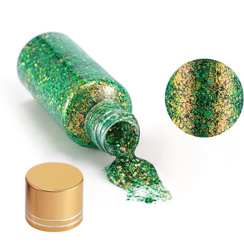 Holographic Body Glitter Gel, Mermaid Sequins Face Glitter Makeup for Body, Hair, Face, Nail, Eyeshadow, Long Lasting Waterproof Party Green Glitter for St. Patrick's Day, 1oz (Laser Green)