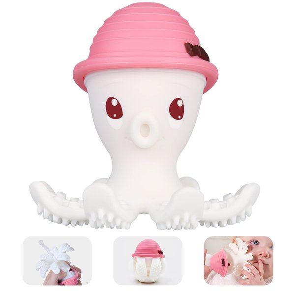 Baby Teethers for Babies 3-6-12-18 Months, Baby Teething Toys 9 Month Old, Mombella Octopus Squishy Silicone Chew Toys for Infant, Baby Shower Registry for Girls, Message Sore Gums, Pink