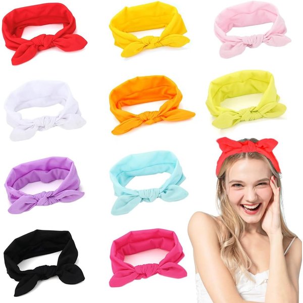 QUMENEY 10 Pack Bow Headbands for Women,Elastic Knotted Headbands, Cute Cotton Headwraps Rabbit Ears Yoga Hairband Twisted Elastic Hair Accessories, Blue,Green,Orange,Purple,White