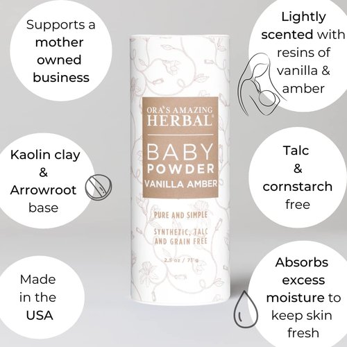 Ora's Amazing Herbal, Talc Free Baby Powder, Cornstarch Free Clay Based Powder, Real Vanilla Amber Natural Scent