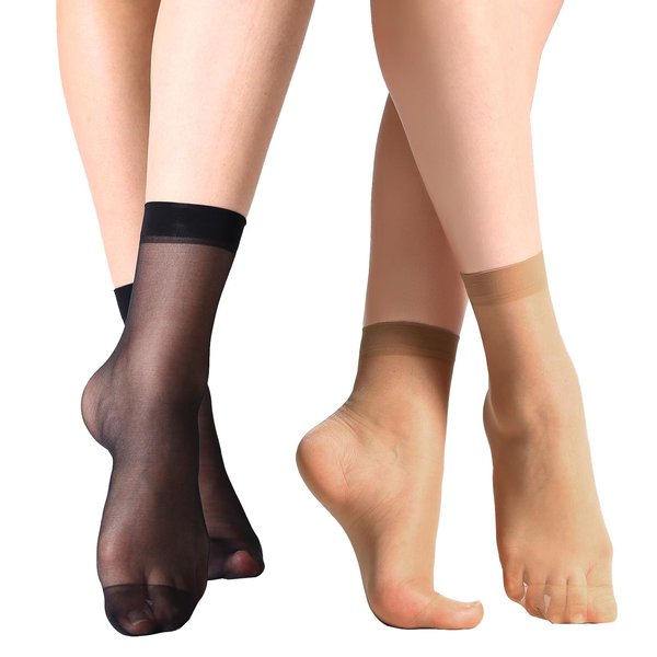 Yilanmy 12 Pairs Sheer Ankle High Socks Nylon Reinfored Toe Pantyhose Socks for Women（6 Black, 6 Natural）