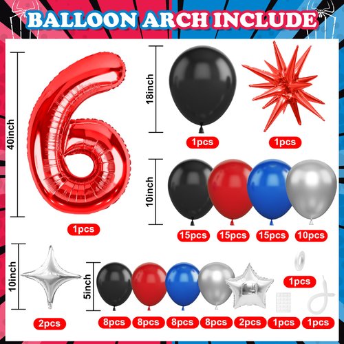 Spider 6th Birthday Party Supplies, Spider Balloon Garland Arch Kit, Include 40 Inch Red Number 6 Balloon, Star Foil Balloon, Blue Black Red Silver Balloons for Boys Superhero 6th Birthday Decorations