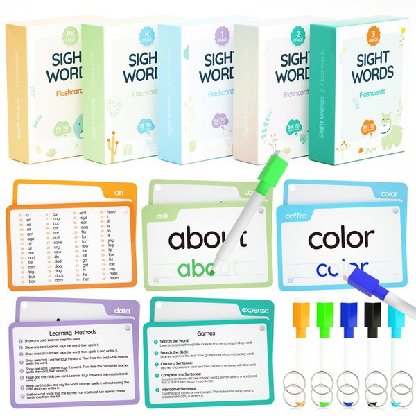 WJPC 300 Cards, 580PCS High Frequency Sight Words Flash Cards for (Pre-K Pre-Kindergarten, Kindergarten, 1st, 2nd, 3rd Grade, First Second Third Grade 3,4,5,6,7,8,9 Years Ages Kids Boys Girls