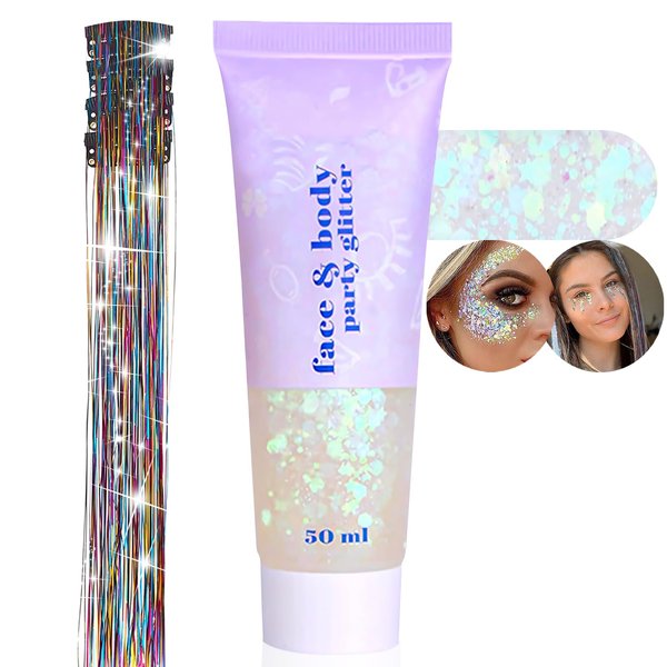 Wugbc Body Glitter Gel Hair Tinsel Set, Festival Accessories for Woman Girls, Colorful Sequins Shimmer Face Singer Makeup, Rave Essentials Chunky Sparkling Halloween Party White Mermaid, 50ml, 4Pcs