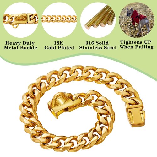 Stainless Steel Silver Gold Dog Collars with Safety Buckle Lock,18K Cuban Link Chain Training Collar,15MM Strong Dog Necklace Heavy Duty Chew Proof for Small Medium Large Dog