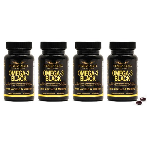 FREZZOR Omega 3 Black - Highest Strength Green Lipped Mussel Oil Capsules, Made in New Zealand, UAF1000+, Inflammation, Joint Care & Relief, Heart & Immune Support, 60 Count (Pack of 4)