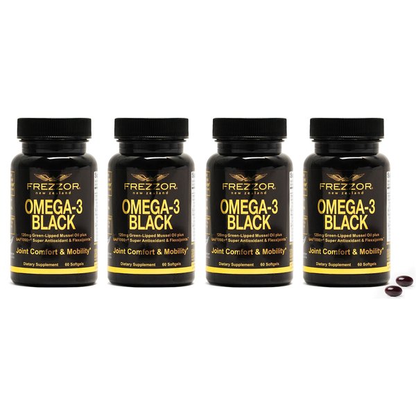 FREZZOR Omega 3 Black - Highest Strength Green Lipped Mussel Oil Capsules, Made in New Zealand, UAF1000+, Inflammation, Joint Care & Relief, Heart & Immune Support, 60 Count (Pack of 4)