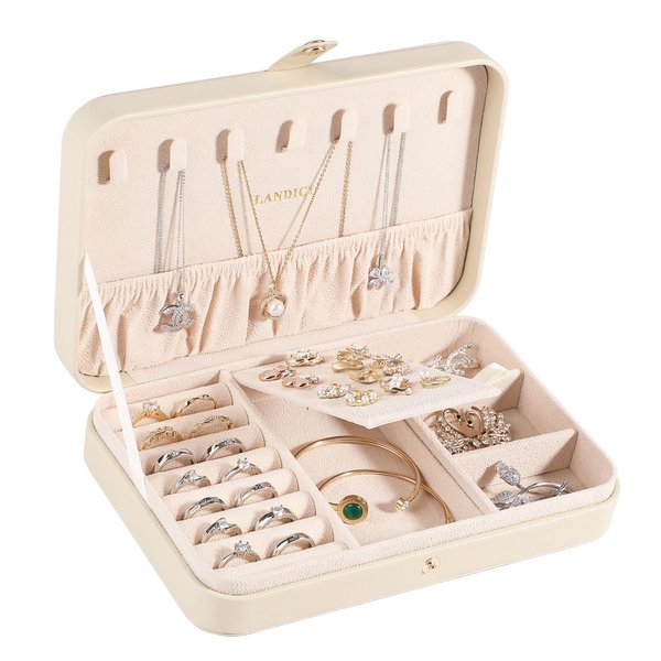 LANDICI Small Jewelry Box for Women Girls, PU Leather Travel Jewelry Organizer Case, Portable Jewellery Storage Holder Display for Ring Earrings Necklace Bracelet Bangle Watch Men Kids Gift, Apricot