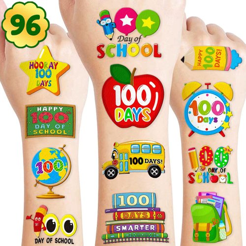 96 PCS Happy 100 Days of School Temporary Tattoos Theme Birthday Party Favors Supplies Decorations Decor Colorful Smarter 100th Day Tattoo Stickers Gifts For Students Teachers Kids Boys Girls Prizes