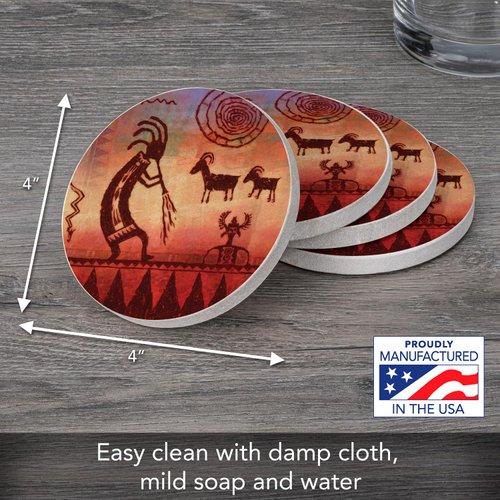 Thirstystone Kokopelli Petroglyph Natural Sandstone Coaster 4 Pack Eco-Friendly, Absorbent, Easily Wipes Clean