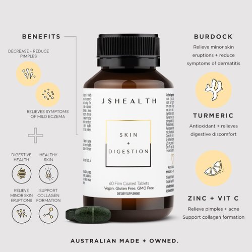 JSHealth Vitamins Skin and Digestion Formula Skin Vitamins | Clear Skin Supplement with Zinc for Acne | Acne Supplements for Clear Healthy Skin | Acne Treatment for Teens and Adults | 120 Count