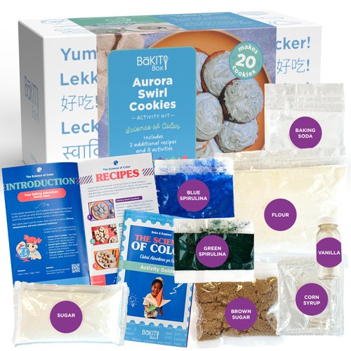 BāKIT Box Aurora Swirl Cookies Baking Kit for Kids, STEM Science of Color Educational Activity Kit, Learn Chromatography, Color Mixing, & More, Includes Organic Food Coloring with Spirulina, Ages 6–13