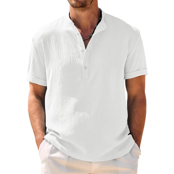 COOFANDY Men Summer Henley Shirts Button Vacation Shirt Collarless Casual Shirt White