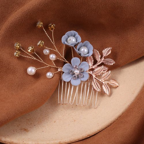 Bridal Hair Combs, 5PCS Wedding Hair Comb Set Crystal Flower Hair Clips Bride Bridesmaid Hair Sides Comb Rhinestone Barrettes, Pearl Flower Hair Pins Hair Accessories for Women Girls (Light Blue)