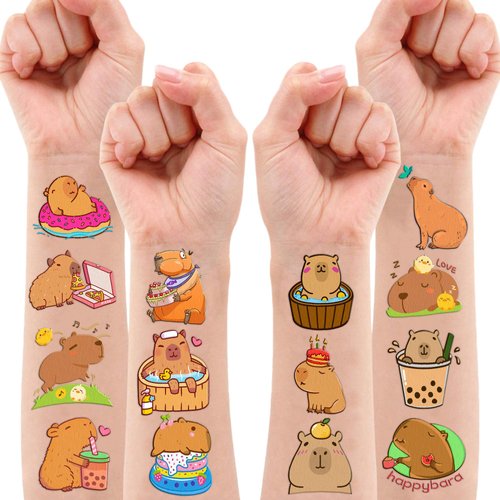 100PCS Funny Capybara Temporary Tattoos Stickers Theme Animal Birthday Party Decorations Favors Supplies Cute Brown Capy Mouse Tattoo Sticker Gifts For Boys Girls School Prizes Carnival Christmas