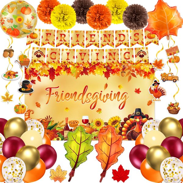 Friendsgiving Party Decorations - Includes Friendsgiving Banner & Backdrop, Hanging Swirl, Balloon Garland Kit, Paper Flowers, Maple Leaves for Happy Thanksgiving Decorations